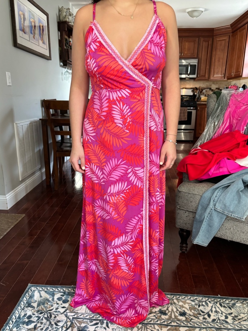 Pink & Coral Tropical Wrap Maxi Dress